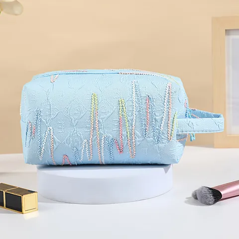 Trousse à Maquillage de Grande Capacité avec Broderie de Vagues Colorées Organisateur de Toilette Portable pour Femmes Voyage