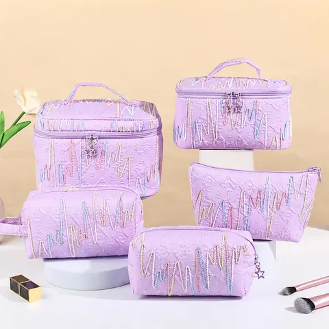 Portable Large Capacity Makeup Bag Polyester Toiletry Organizer With Wave Embroidery Star Zipper For Travel Home Women Cosmetic Pouch