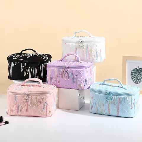 Large Capacity Cosmetic Bag Portable Travel Toiletry Bag Star Zipper Wave Embroidery Polyester Waterproof Makeup Organizer For Women