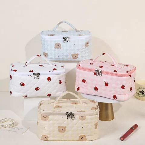 Quilted Cotton Makeup Bag Large Capacity Travel Toiletry Bag Cartoon Bear Strawberry Smiley Face Cosmetic Storage Organizer