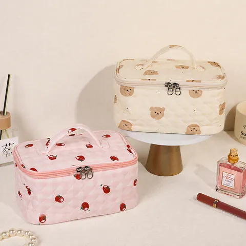 Quilted Cotton Makeup Bag Large Capacity Travel Toiletry Bag Cartoon Bear Strawberry Smiley Face Cosmetic Storage Organizer