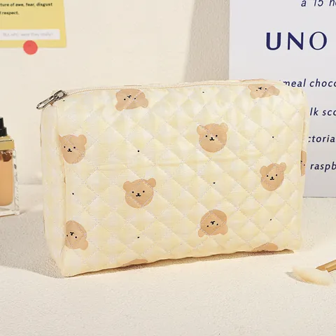Quilted Cartoon Bear Smiley Print Makeup Bag Large Capacity Travel Toiletry Bag Portable Pongee Cotton Cosmetic Organizer For Women
