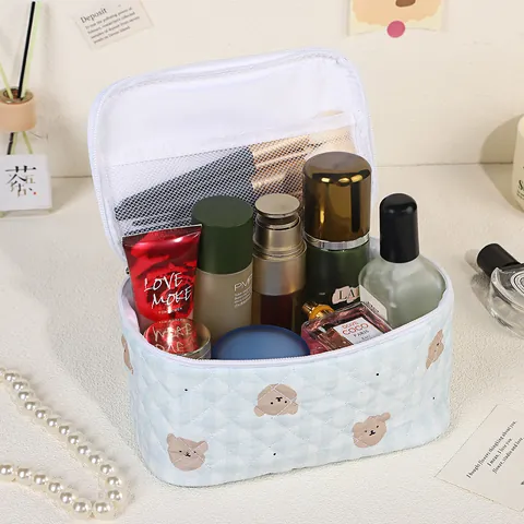 Trousse à Maquillage en Coton Matelassé Grande Capacité Sac de Toilette de Voyage Ours Fraise Smiley Organisateur de Cosmétiques