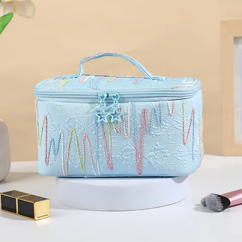 Large Capacity Cosmetic Bag Portable Travel Toiletry Bag Star Zipper Wave Embroidery Polyester Waterproof Makeup Organizer For Women