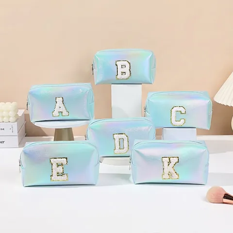 Bolsa de Maquillaje de Cuero PU Holográfico Estuche de Tocador Portátil Con Parche de Letra de Chenilla Gran Capacidad Mujer Almacenamiento