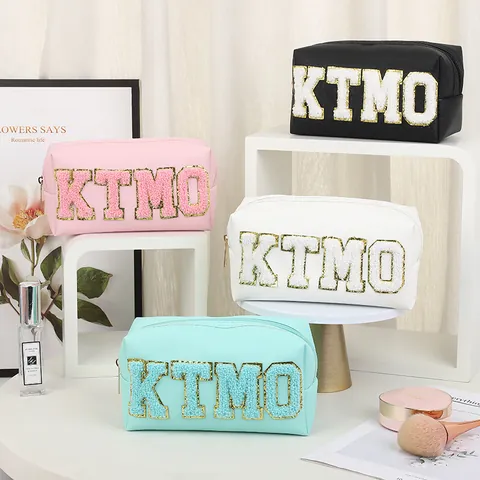Large Capacity PU Leather Waterproof Cosmetic Bag Portable Travel Toiletry Wash Bag With Chenille Letter Patch For Women