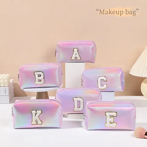Bolsa de Maquillaje de Cuero PU Holográfico Estuche de Tocador Portátil Con Parche de Letra de Chenilla Gran Capacidad Mujer Almacenamiento