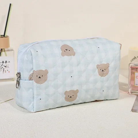 Quilted Cotton Makeup Bag Large Capacity Cartoon Bear Smiley Face Printed Cosmetic Organizer Travel Toiletry Wash Bag For Women