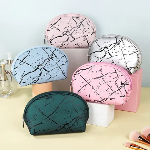 Marmerpatroon PU Leer Cosmetische Tas Vrouwen Schelpvorm Reis Toilettas Draagbare Opbergtas Metalen Rits