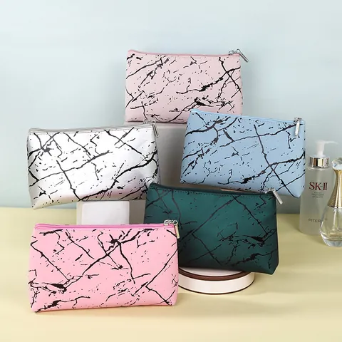 Portable PU Leather Marble Pattern Cosmetic Bag For Women Waterproof Makeup Storage Pouch Travel Toiletry Wash Bag Minimalist Gift