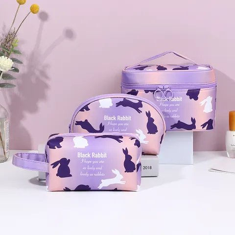 Large Capacity Rabbit Silhouette Print Makeup Bag Gradient Travel Toiletry Organizer Portable Women Cosmetic Storage Pouch Handbag