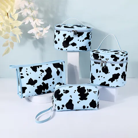 Blue Cow Print Cosmetic Bag Large Capacity Waterproof Synthetic Leather Portable Travel Toiletry Organizer Makeup Case For Women
