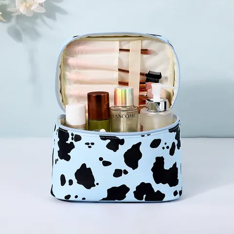 Blue Cow Print Cosmetic Bag Large Capacity Waterproof Synthetic Leather Portable Travel Toiletry Organizer Makeup Case For Women