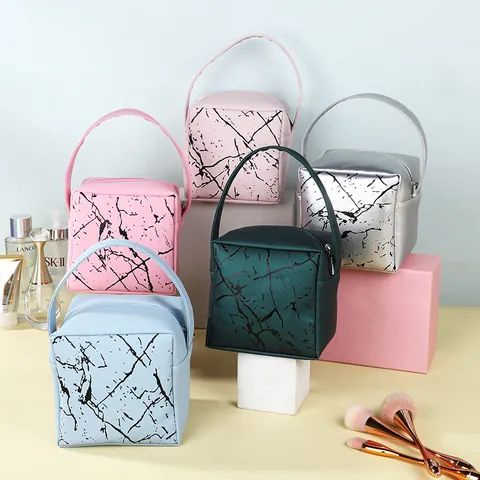 Minimalist Marble Pattern PU Leather Makeup Bag Large Capacity Portable Toiletry Organizer Handbag For Travel Women