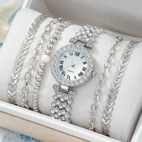 Luxury Rhinestone Women's Quartz Watch And Bracelets Rose Gold Alloy Fashion Jewelry Set With Roman Numerals For Lady Gift