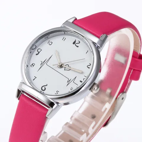 Fashion Women Quartz Watch With Faux Leather Strap Alloy Case Unique ECG Heart Pattern Hand Drawn Numbers Analog Wristwatch