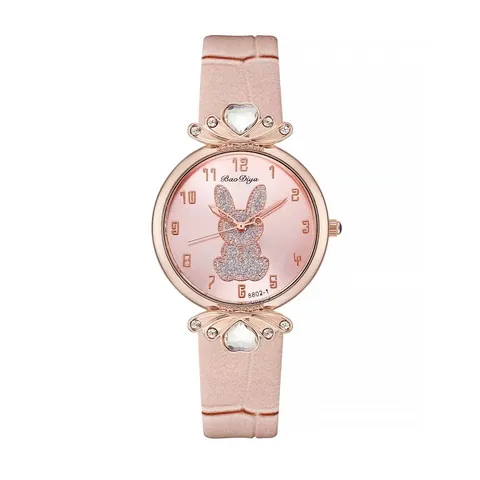 Fashion Women Quartz Watch Cute Rabbit Pattern Dial Alloy Case Rhinestone Heart Decoration Faux Leather Strap Casual Wristwatch