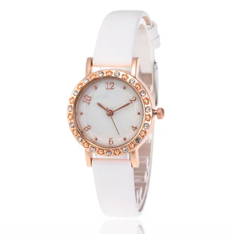Fashion Women Quartz Watch Rhinestone Star Bezel Rose Gold Alloy Case Faux Leather Strap Mother Of Artificial Pearl Dial Ladies Casual Wristwatch