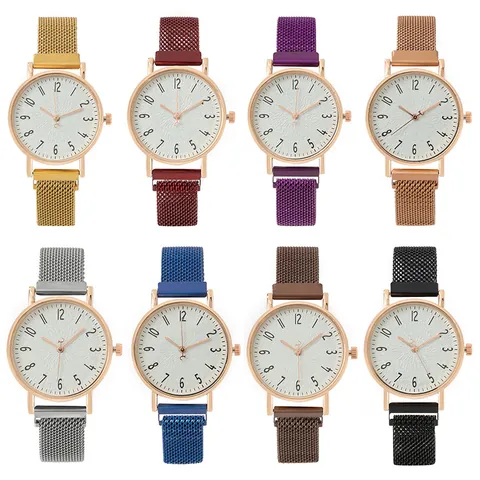 Women Fashion Quartz Watch Milanese Stainless Steel Mesh Strap Magnetic Buckle Arabic Numerals Alloy Case Casual Dress