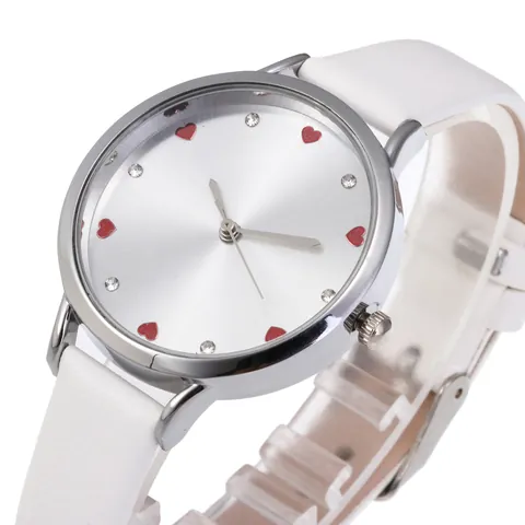 Fashion Women Quartz Watch Round Alloy Case Heart Rhinestone Dial Faux Leather Strap Casual Analog Wristwatch For Girls Gift