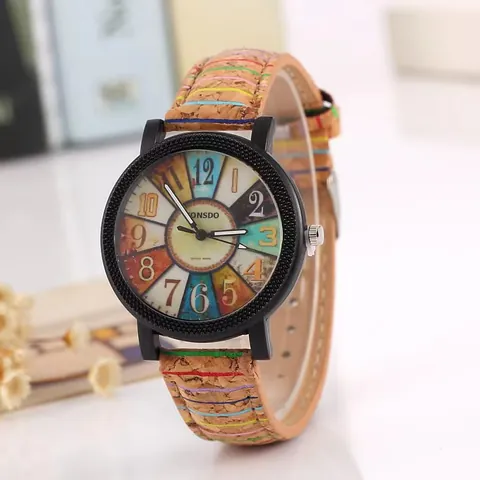 Vintage Wood Grain Pattern Quartz Watch For Women With Faux Leather Strap Artistic Multicolored Dial Casual Retro Wristwatch