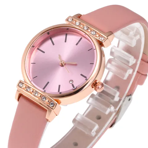 Fashion Women Quartz Watch Faux Leather Strap Rhinestone Decoration Rose Gold Alloy Case Minimalist Sunray Dial Wristwatch