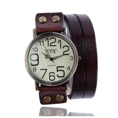 Vintage Rundleer Wikkelhorloge Bronzen Klinknagel Meerlaagse Leren Band Dames Casual Quartz Polshorloge Cadeau