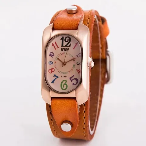 Vintage Fashion Rectangle Quartz Watch Colorful Arabic Numerals Rose Gold Alloy Case Rivet Cuff Faux Leather Strap Casual Wristwatch