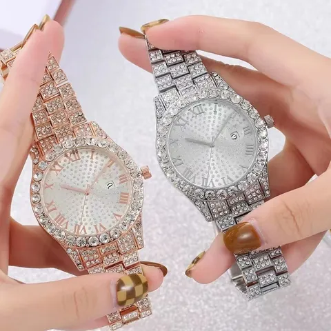 Women's Luxury Full Diamond Quartz Watch Elegant Roman Numerals Analog Wristwatch With Date Window Rhinestone Alloy Strap
