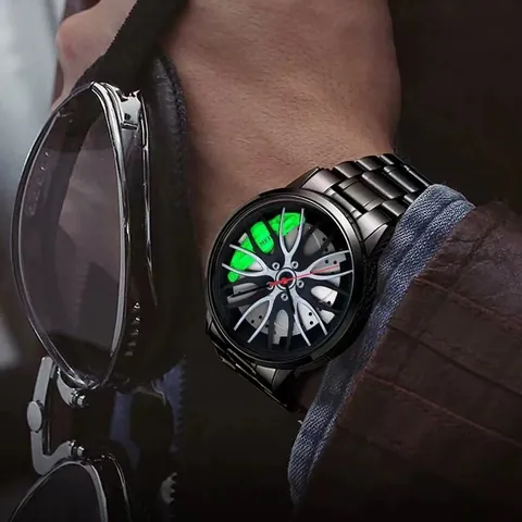 Orologio al Quarzo Sportivo da Uomo con Quadrante 3D Mozzo Ruota Auto Cinturino in Acciaio Inossidabile Pelle Meccanico