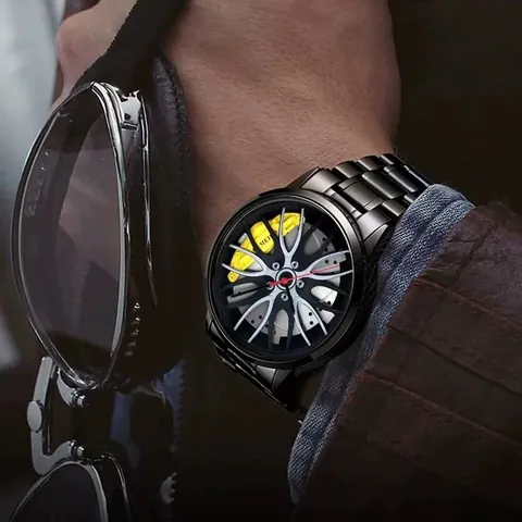 Orologio al Quarzo Sportivo da Uomo con Quadrante 3D Mozzo Ruota Auto Cinturino in Acciaio Inossidabile Pelle Meccanico