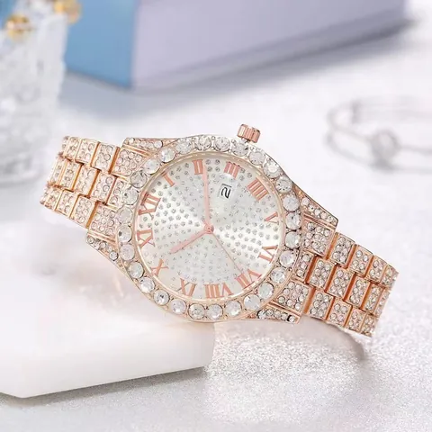 Women's Luxury Full Diamond Quartz Watch Elegant Roman Numerals Analog Wristwatch With Date Window Rhinestone Alloy Strap