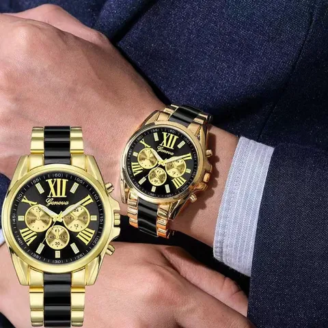 Men Business Fashion Quartz Watch Gold Alloy Link Strap Roman Numerals Round Dial Three Decorative Sub-dials Dress Wristwatch