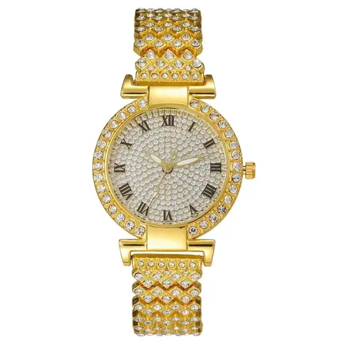 Womens Quartz Watch Bling Rhinestone Encrusted Alloy Strap Luxury Fashion Analog Wristwatch With Roman Numerals