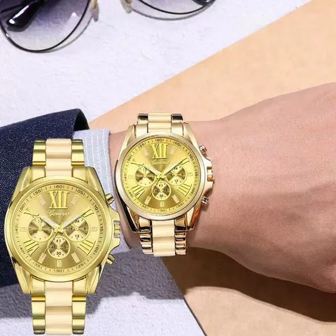 Men Business Fashion Quartz Watch Gold Alloy Link Strap Roman Numerals Round Dial Three Decorative Sub-dials Dress Wristwatch