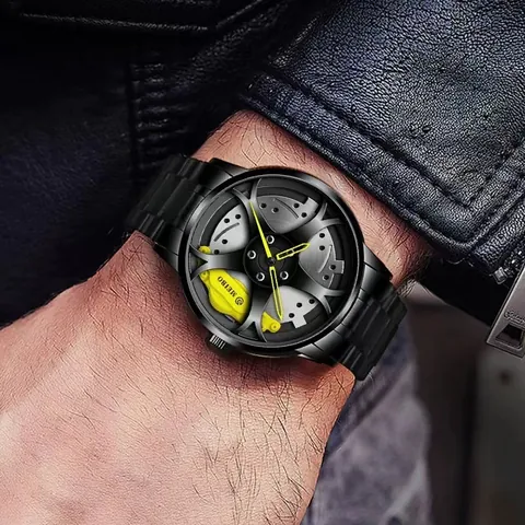 Men Racing Car Wheel Hub Design Quartz Watch 3D Brake Disc Dial Stainless Steel Mesh Leather Strap Fashion Male Sport Timepiece
