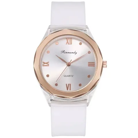Damen Quarzuhr Mode Oktogonal Roségold Lünette Transparentes Gehäuse Silikonarmband Analog Armbanduhr