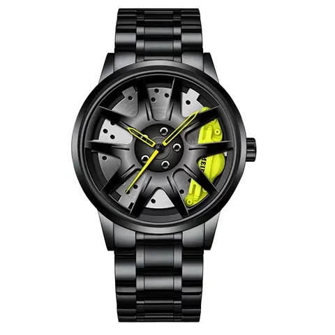 Orologio al Quarzo da Uomo Design a Cerchione Auto Disco Freno Pinza Sportivo Moda Acciaio Inossidabile Pelle Maglia Cinturino Nero