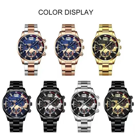 Men Business Fashion Quartz Watch Alloy Metal Band Luminous Pointer Date Calendar Chronograph Style Casual Men Wristwatch