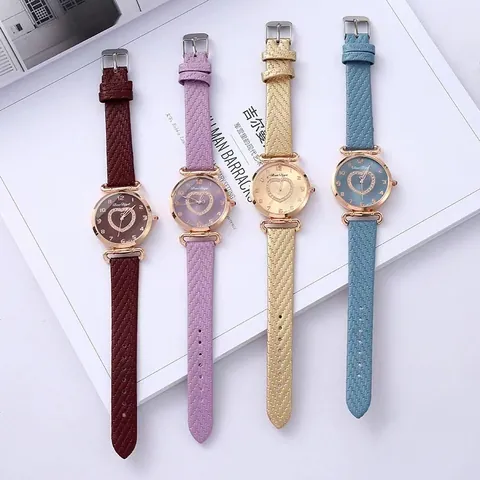 Women Fashion Quartz Watch With Rhinestone Heart Pattern Faux Leather Weave Strap Arabic Numerals Romantic Ladies Wristwatch Gift