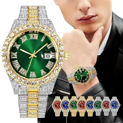 Orologio al Quarzo da Uomo Iced Out con Strass Lussuoso Bracciale in Lega Metallica con Data Numeri Romani Hip Hop Business