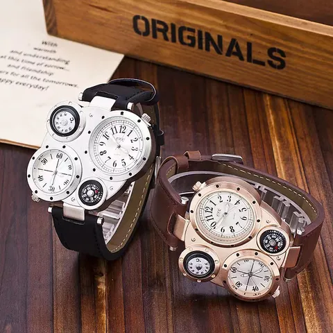 Ανδρικό Ρολόι Χαλαζία Steampunk Διπλή Κίνηση Με Διακοσμητική Πυξίδα Θερμόμετρο Κάσα από Κράμα Λουράκι από Τεχνητό Δέρμα Μεγάλο Καντράν Ρολόι Χειρός Outdoor