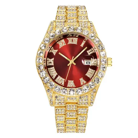 Orologio al Quarzo da Uomo Iced Out con Strass Lussuoso Bracciale in Lega Metallica con Data Numeri Romani Hip Hop Business