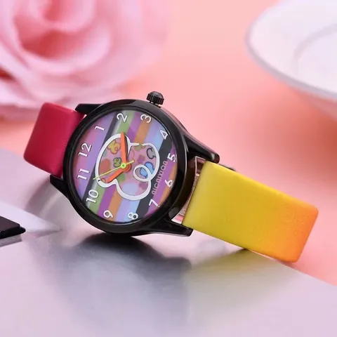 Cute Cartoon Bear Rainbow Striped Quartz Watch With Faux Leather Gradient Band Fashion Casual Wristwatch For Women Students Girls