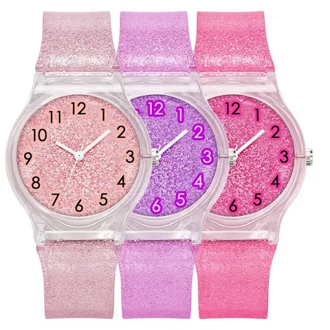 Women Fashion Quartz Watch With Glitter Silicone Strap Transparent Alloy Case Arabic Numerals Analog Casual Wristwatch Ladies Girls Gift