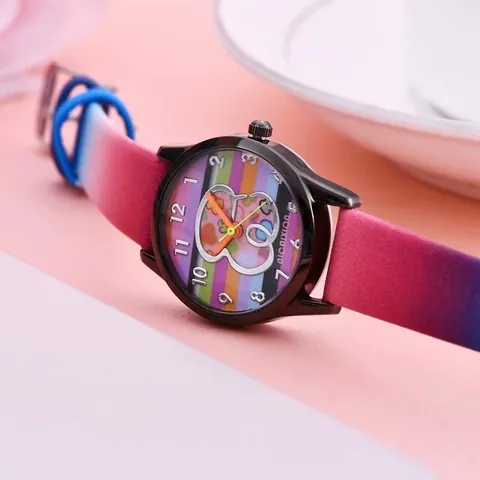 Cute Cartoon Bear Rainbow Striped Quartz Watch With Faux Leather Gradient Band Fashion Casual Wristwatch For Women Students Girls