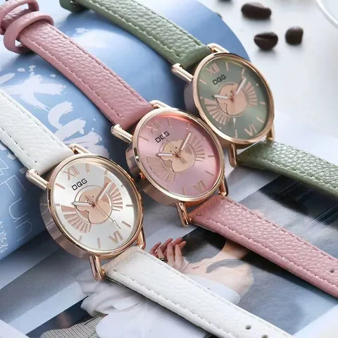 Women Fashion Cartoon Bear Pattern Quartz Watch Leather Strap Rose Gold Alloy Case Analog Wristwatch Jewelry Gift