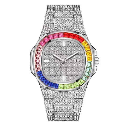 Luxe Volledige Diamant Quartzhorloge Met Regenboog Bezel Kalendervenster Legering Strass Mode Polshorloge Voor Vrouwen Mannen