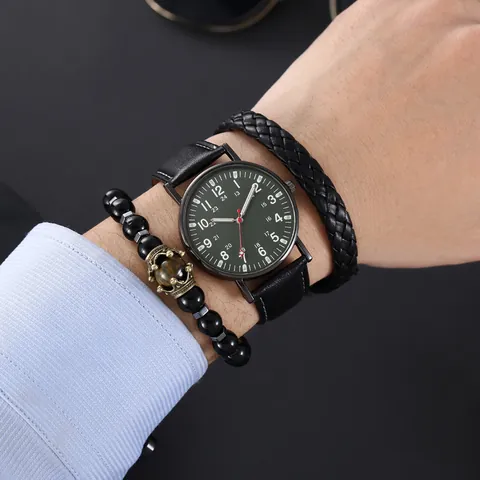 Fashion Men Quartz Watch And Bracelet Gift Set With Faux Leather Strap Luminous Dial 12 24 Hour Display Casual Wrist Watch For Men