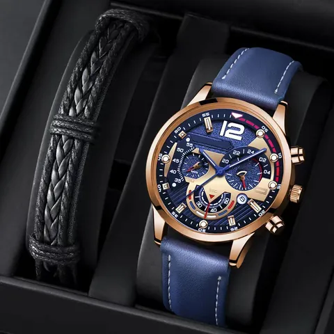 Men Business Casual Quartz Watch Luminous Hands Faux Leather Strap Chronograph Dial Wristwatch Set With Braided Bracelet Box